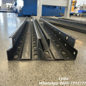 Supermarket shelving upright roll forming machine for DIN standard steel rack uprights, fully automatic cold roll forming line