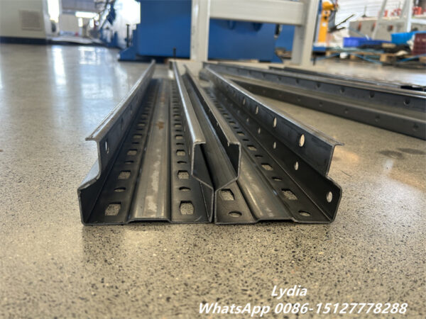 Supermarket shelving upright roll forming machine for DIN standard steel rack uprights, fully automatic cold roll forming line