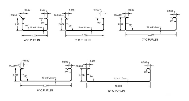 galvanized steel C purlins used in metal roof and wall structure