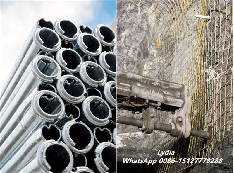 Friction bolt installation showing slotted tube driven into rock borehole