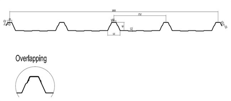 TN40 roofing sheet profile drawing with overlapping design