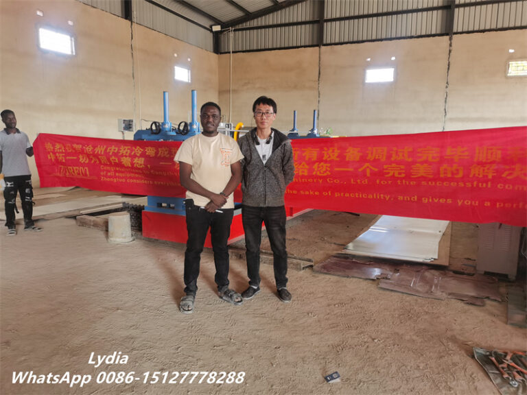 Zambia customer giving positive feedback and taking a group photo with ZTRFM Ridge Cap Roll Forming Machine and Cut-to-Length Line after successful delivery and inspection