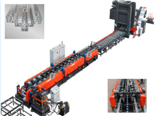 High-speed cable tray roll former in manufacturing workshop