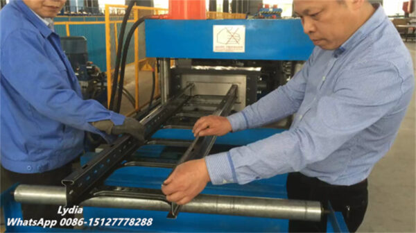 High-speed cable tray roll former in manufacturing workshop