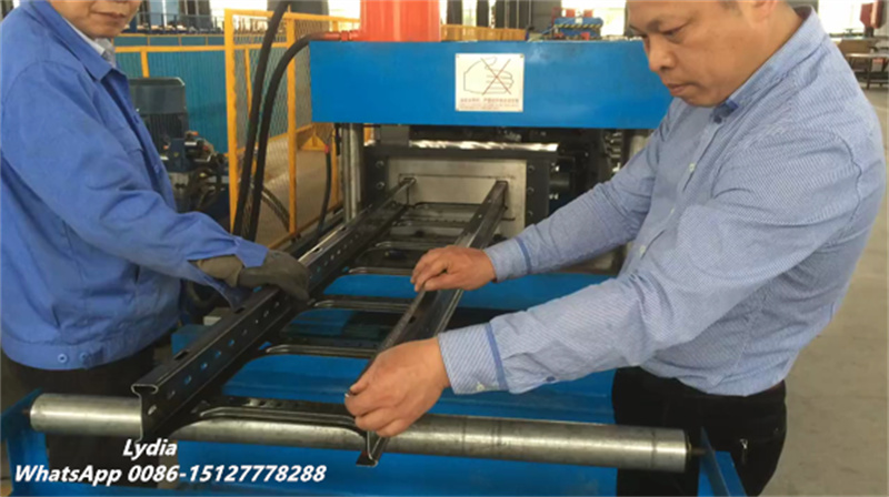 High-speed cable tray roll former in manufacturing workshop