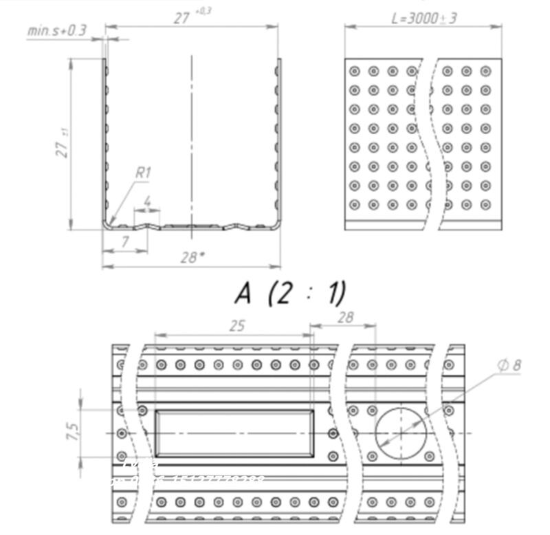 CD UD UW CW steel stud track profile drawing with punching dimensions