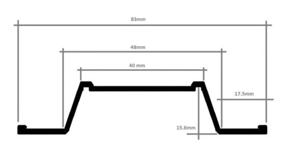 Inverted Omega section metal ceiling baffle profile with rectangular visible face